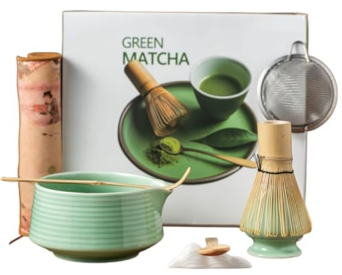 8PCS Matcha Whisk Set,Green Matcha Set Bamboo Matcha Whisk Ceramic Bowl | Matcha Bowl,Matcha Whisk,Holder,304 Sieve,Spoon,Tea Mat-Complete Matcha Kit, Gift for Japanese Matcha Tea,Matcha Latte Lovers