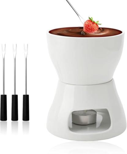 GZRXIOUS Keramik Fondueset Schokofondue Fondue Schokolade | Schokoladenfondue 4 Gabeln, Schoko Fondueset, Keramikschale mit Teelichthalter für Schokolade Fondue Familienessen Nachtisch