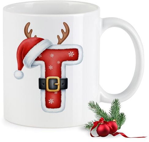 GRAZDesign Weihnachtstasse Buchstabe T Keramikbecher mit Initial im Weihnachtsmann Design – Monogramm Tasse mit Rentiergeweih & Nikolausmütze