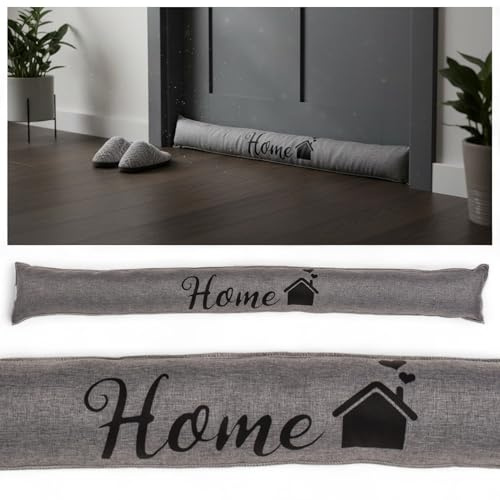 MIJOMA Zugluftstopper Türrolle 90x10 cm – Türdackel mit Sandfüllung – Tür Isolierung gegen Kälte & Lärm – Türstopper mit Home-Schriftzug – Polyester (Hellgrau)