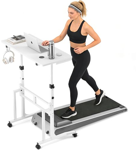 ikkle Standing Desk with Wheels, Adjustable Treadmill Desk, Rolling Bike Trainer Desk for Walking Pad Laptop, Phone Standing, White