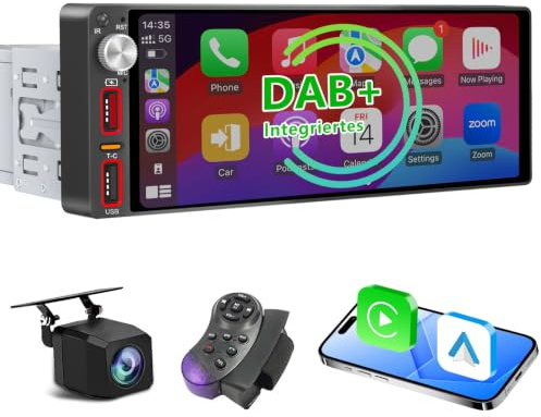 DAB+ 6,9 Zoll 1 Din Autoradio mit drahtlosem CarPlay & Android Auto, Bluetooth, Full Touch Autoradio Display AM/FM, ，Free Rückfahrkamera，Lenkradsteuerung/DSP/Subwoofer
