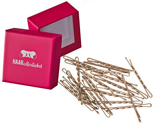 HAARallerliebst 24 Haarnadeln gedreht - 5,5 cm Bobby Pins beige für blondes Haar - mehr Halt durch die Drehung – Haarklemmen Damen & Hair Pins in pinker Box - Perfekte Haarnadel für Styling & Halt
