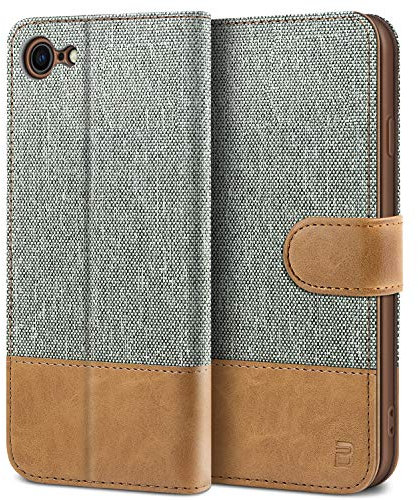 BEZ Hülle für iPhone 8 Hülle, Hülle für iPhone 7 Hülle, Handyhülle Kompatibel für iPhone 7 Hülle Klappbar, Handytasche Schutzhülle Tasche [Stoff und PU Leder] mit Kreditkartenhaltern - Grau