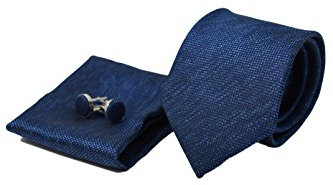 Krawatte Set mit Dunkelblau Krawatte, Einstecktuch und Manschettenknöpfe für Herren - 100% Seide - Klassisch, Elegant und Modern - (Geschenk, ideal für Männer zum Geburtstag, eine Hochzeit)