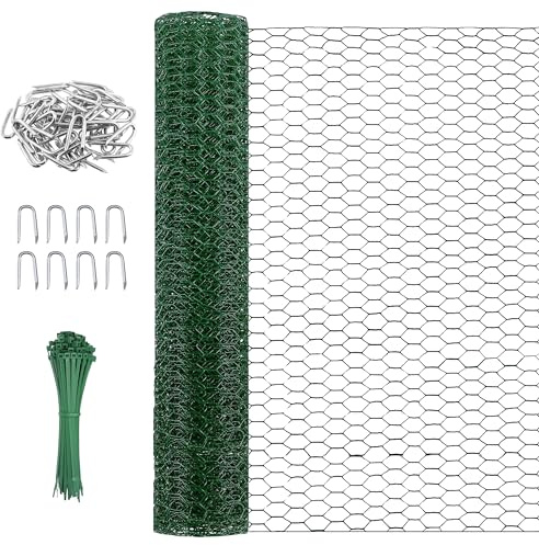 Garden Mile Green PVC Coated Chicken Wire Mesh 10m x 90cm with Fixing Kit | Galvanised Steel Mesh With 100 U Nails & 100 Green Cable Ties Included For Fast Installation