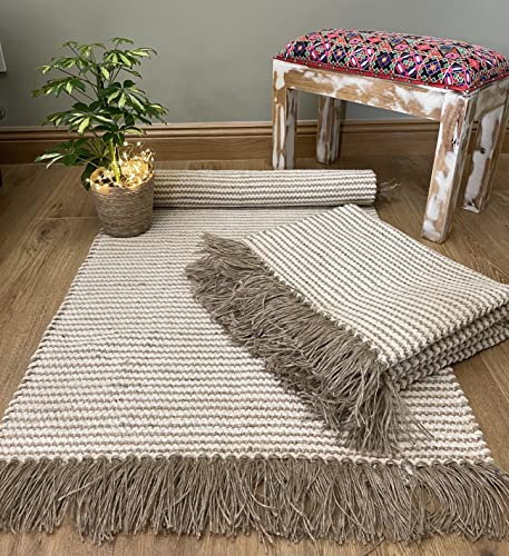 Second Nature Online Colva Dünner Teppich Hell Zweifarbig Naturhafermehl Beige Streifen aus Baumwolle Jutegarn flach gewebt - 70cm x 130cm