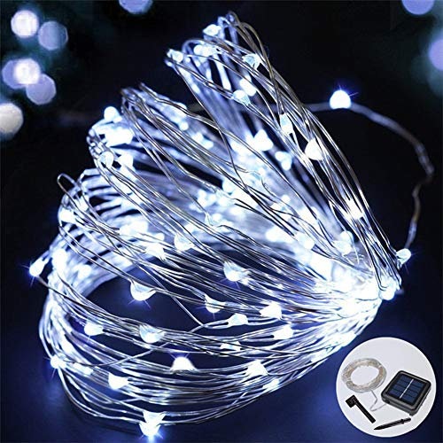 Sunboia Solar Lichterkette,100 LED Solar Lichterkette Weihnachten,Solar Silberdraht Lichterketten,Garten Außen,LED Lichterkette für Party,Weihnachten,Halloween,Fest Deko usw-weiß