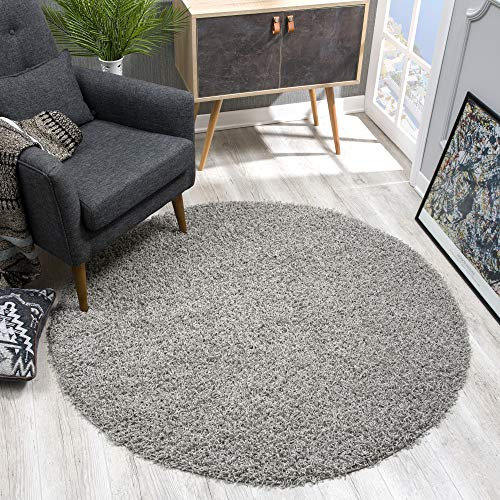 SANAT Teppich Rund - Hellgrau Hochflor, Langflor Modern Teppiche fürs Wohnzimmer, Schlafzimmer, Esszimmer oder Kinderzimmer, Größe: 120x120 cm
