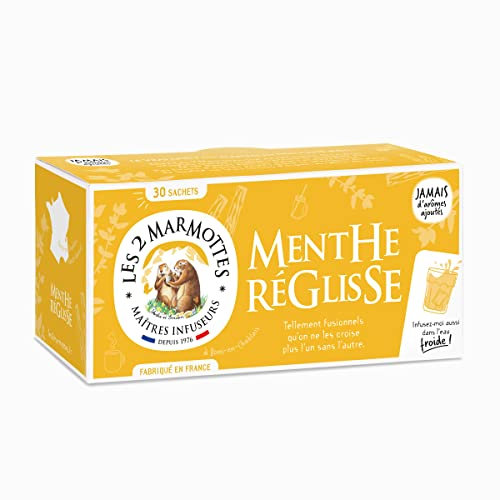 Les 2 Marmottes Infusion Menthe Réglisse, Gourmande, Tisane Menthe Poivrée et Menthe Douce, Fraiche et Boisée, Infusion Incontournable, A Consommer Chaud ou Froid, 30 Sachets, 42 g