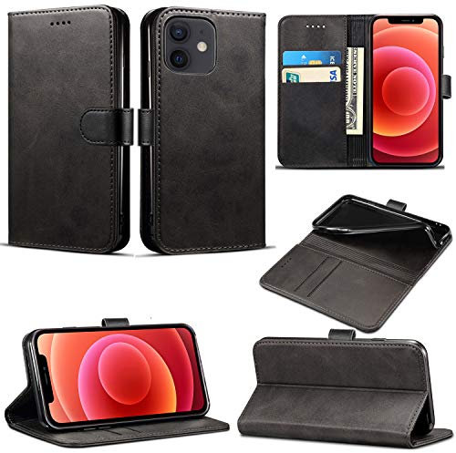 Mobile Stuff Case Compatible With iPhone 12/12 Pro - [6.1 Inch] 2020 Leather Wallet Book Flip Folio Stand View Case for iPhone 12 (6.1) 5G 2020 (Black Book)