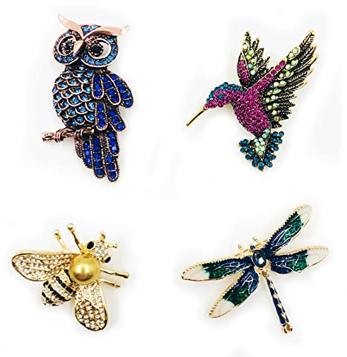 4 Pièces Ensemble de Broche Femme, Animaux Broche en Cristal, Colorés Broche en Cristal, Hibou, Abeille, Libellule, Broche Colibri, pour Décoration de Vêtements