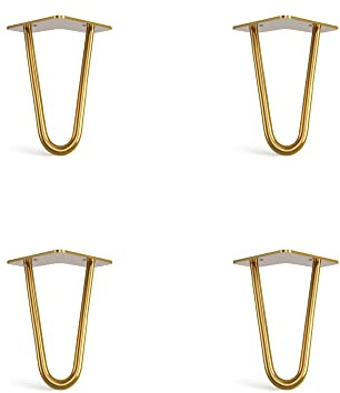 Lot de 4 pieds en épingle à cheveux avec pieds de protection de sol et vis - 15 cm (2 tiges) / 10 mm, laiton doré