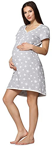 Be Mammy Damen Umstands Nachthemd mit Stillfunktion BE20-175 (MelangeSterneCreme, XXL)