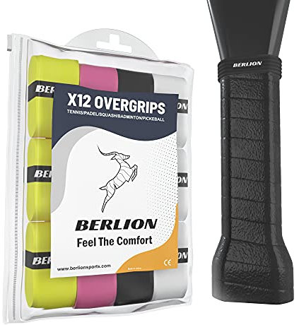 BERLION - 12 Overgrip Padel Pala o Grip Cinta Raqueta Tenis - con Goma o Anillo Protector de Empuñadura Padel Rugoso (Multicolor)