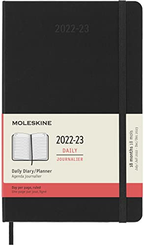 Moleskine - 18 Monate Tagesplaner, Terminkalender 2022/2023, Tagesplaner im Festen Einband und Gummibandverschluss, Maß Large 13 x 21 cm, Farbe: Schwarz