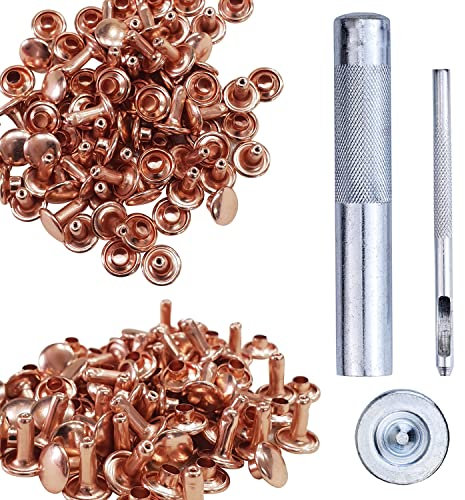 Trimming Shop 100 Set Doppel Kappe Tubular Nieten Mit Befestigung Werkzeug Kit, Leder 3 Teile Hand Werkzeugset für Reparatur Bekleidung, Handtasche, Lathercrafts - Roségold, 5mm