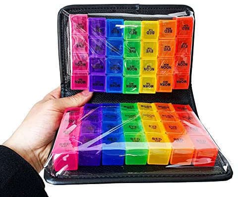 LICHENGTAI Tablettenbox 14 Tage 4 Fächer Morgens Mittags Abends, Große Pillendose Medikamentenbox 56 Fächer Tragbar Mehrfarbig Pillenbox Tabletten Wochenbox Medikamentendosierer für Kinder Ältere