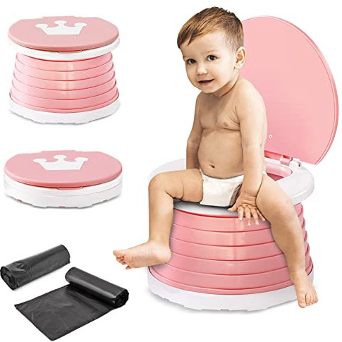 SUPGOMAX Kinder Töpfchen Faltbar Baby Toilette, Kinder Reisetöpfchen Baby Outdoor Toilettensitz, Baby Potty Unterwegs Baby Training Seat MIT 30Pcs Reisen Potty Liners und Aufbewahrungstasche (Rosa)