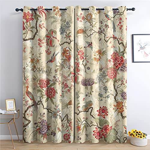 TAKUAN Rassisch Vorhänge Blume Vogel Anlage Muster Verdunklungsvorhänge, Vorhang Blickdicht mit Ösen Gardinen Wohnzimmer Schlafzimmer Kinderzimmer Dekoration 2er Set-245 x 140 cm (H X B)
