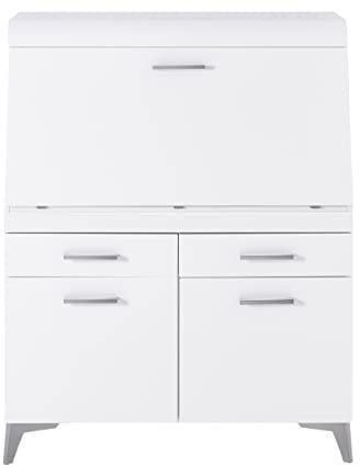 Stella Trading SECRET Sekretär Schreibtisch Kommode in Weiß matt, Weiß - platzsparender Computertisch Schrank mit Schubladen - 98 x 124 x 42 cm (B/H/T)