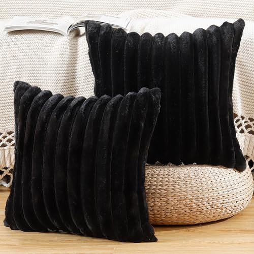 Madizz 2er Set Kunstpelz Plüsch Dekorative Kissenbezüge Flauschig Gestreifte Weich Dekorative Kissenbezug für Sofa Schlafzimmer Kissen Shell Schwarz 50 x 50 cm