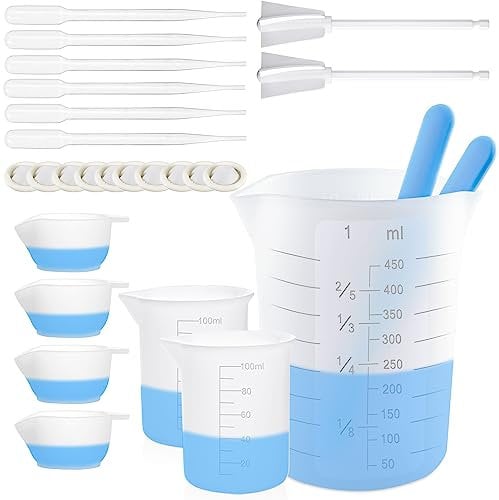 Silikon Messbecher Set, 450&100ml Silikon becher, Mischbecher, Farbbecher, Rührstäbe, Mischpaddel, Pipetten, Fingerlinge für Epoxidharz, Formen, DIY,Wiederverwendbar&leicht zu reinigen