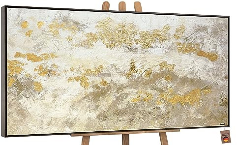 YS-Art Abstrakt Acryl Gemälde auf Leinwand handgemalt mit Blattgold glänzendes Gold Wandbilder Wohnzimmer moderne Wohndekor Bilder Büro echte Kunst mit Rahmen 120x60 cm
