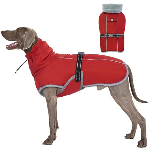OUOBOB Hundemantel, Großer Hund Wintermantel, wasserdichte Hundeweste, Reflektierende warme Hund Schneemantel, Hund Clod Wetter Bekleidung, Winddichte verstellbare Hund Schneeanzug Rot XXXL