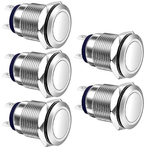 Gebildet 5Stück 12mm 3A 12V/24V/110V/250VAC Wasserdichter Drucktastenschalter, Rastender Edelstahl-Drucktastenschalter Ein-Aus (Flachkopf)