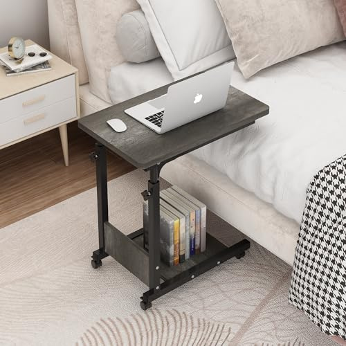 TigerDad Beistelltisch mit Rollen, höhenverstellbar, C-Tisch, Beistelltisch mit Rollen, Rolltablett mit Stauraum, mobiler Computertisch, Laptoptisch für Zuhause, Grau, 2021