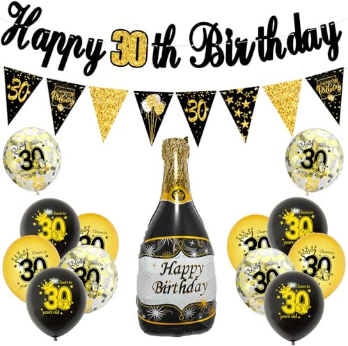 VIKY® 30 Geburtstag Deko Schwarzes Gold, deko 30 Geburtstag Girlande Set Mann Frau, 30. Geburtstag Deko Luftballons Geburtstag, Geburtstagsdeko Happy Birthday Banner für 30th Jahre Mann Frauen