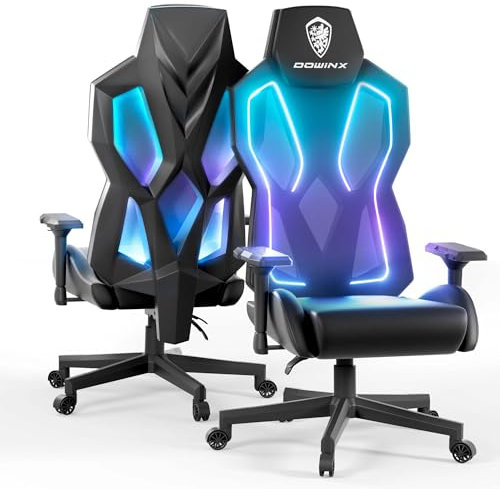Dowinx Sedia da Gaming LED con Braccioli 4D Regolabili, RGB Ergonomico in Pelle con Supporto Lombare Regolabile per Adulti (Nero)