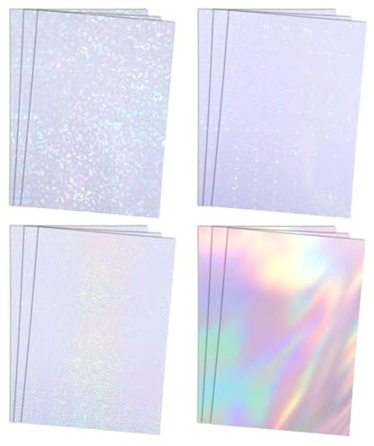 YUXIANLB 12 Sheets Holographic Sticker Paper 11.61 × 8.26 A4 Size Clear Overlay Lamination Sticker Film for Craft Transparent Self Adhesive Waterproof Glossy 4 Styles (Broken Glass/Stars/Dots/Plain)