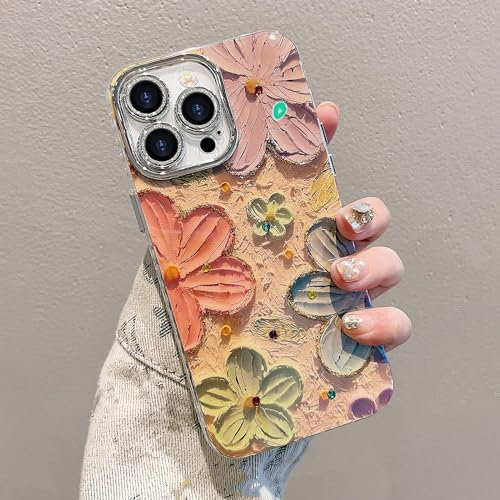 Lafunda für iPhone 13 Pro Max Hülle Bunte Vintage Ölgemälde Blume Handyhülle mit Kameraschutz & Glänzende Diamante objektivschutz Case Langlebige Schutzhülle für iPhone 13 Pro Max Rosa-Cyan
