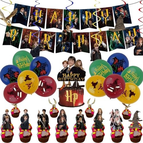 44Pcs Magical Wizard Birthday Party Decorations for Boy,Banner Balloons Cake Toppers Hanging Spiral for Kids Girls Boys Theme Birthday Party Supplies