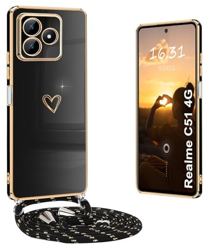 Yutwo Coque pour Realme C53 4G avec Cordon, Coque pour Realme C51 4G/C53 4G avec Collier Housse avec Motif Coeur d'amour Étui pour Realme C53 4G/Realme C51 4G/Realme Note 50 4G avec Cordon, Noir