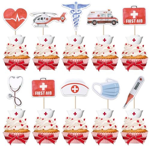 Rsstarxi 36 Pack Nurse Cupcake Toppers Nurse Decorations for Party Ambulance Helicopter Medical Instruments Cupcake Picks for Medical Nurse Theme Grad Birthday Party Cake Decorations
