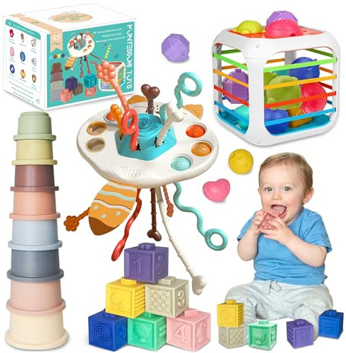 MutoToy® Baby Toys 6 to 12 Months, 4 in 1 Montessori Toys for Babies 6-12 Months 1 2 3 Year Old, Early Development & Activity Toys with Baby Sensory Toys, Stacking cups, Baby Blocks, Pull String Toy