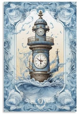 AEMYSKA Abstrakte Uhr, Leuchtturm, Wandkunst für Wohnzimmer, blauer Ozean, Architektur, Gemälde auf Leinwand, Wandkunst, Poster für Heimdekorationen, Wanddekoration, 20 x 30 cm (B x L)