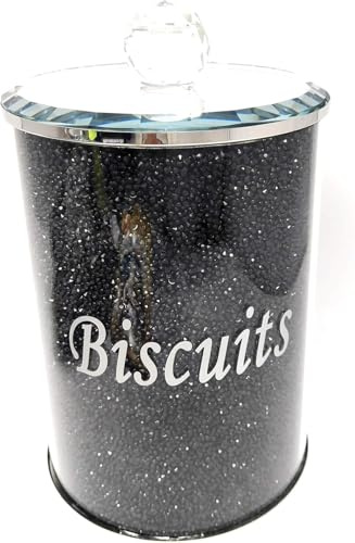 SHABJY Diamond Crushed Biscuit Cookies Canister Jar Tin, Silver Trimmings, Crystal Filled, 22cm, Black