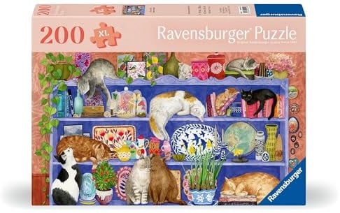 Ravensburger Puzzle 12001367 - Katzen im Regal - 200 Teile Katzen-Puzzle für ältere Menschen und Senioren, mit größeren, griffigen Puzzleteilen, großer Bildvorlage und Stabiler Unterlage zum Puzzeln