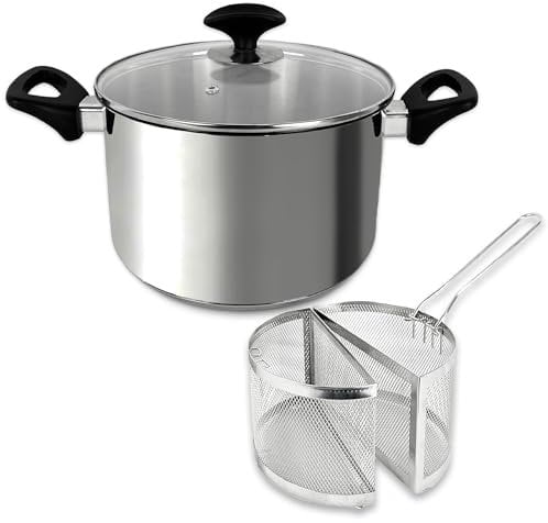 Homatz Large Chip Pan with Basket and Lid 22cm, 5L Deep Fryer Pan | Cooking Pot, Induction Chip Pan Fryer, Split Basket, Stainless Steel Pan