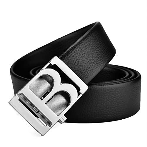 Tynver Ledergürtel Herren, Ratschen Gürtel Mit Buchstabe B Automatikschnalle, Slide Gürtel Mit Echtem Rindsleder Für Business Casual Jeans(Color:Silver-black,Size:110cm)