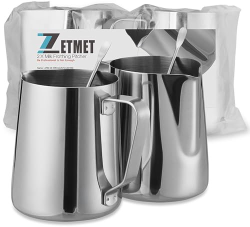 2pack 350ml/12oz milk jug for coffee machine, stainless steel coffee milk jug, milk frother jug, milk pitcher, with scale marks, equipped with latte art needles, used for dairy products,artistic coffe