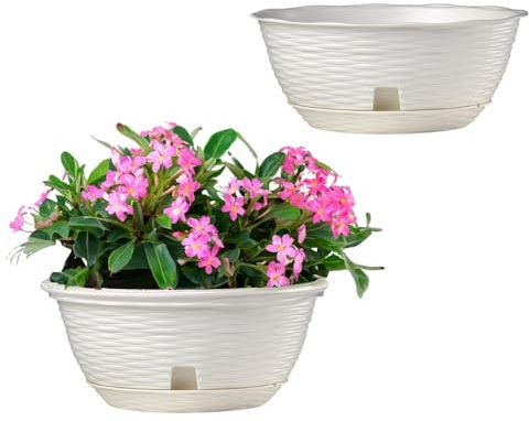 GarPet 2X Pflanzschale Blumenschale Pflanzschalen für draussen Bonsai Topf Pflanzschale Rund inkl. Untersetzer Grabschale Weiß 20 cm