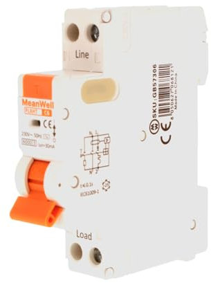 MeanWell Interruttore Magnetotermico Differenziale Slim Da 1 Modulo DIN, RCBO 1P+N C6 6A, Tipo AC Curva C 30mA 6000A, 2 Poli 1M 220V