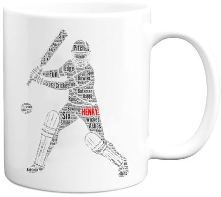 JR Decal Personalised Cricket Player Word Art Printed Mug Gift, Custom Cricket Sport Figure Word Cloud Sports Father's Day Christmas Gifts Coffee Mug