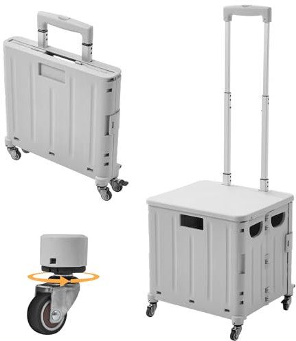 Einkaufstrolley Klappbar, Einkaufskorb mit Deckel 45L Kapazität, Alu Teleskopgriff, Faltbarer Shopping Trolley Einkaufswagen, Einkaufskorb Kunststoff mit stabile Rädern, Draußen Transport Trolley Grau