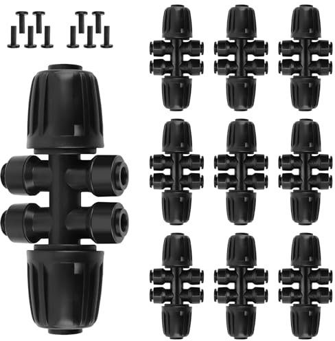 Kalolary 10pcs 1/2'' to 1/4'' Barbed Tee Quick Connector, Push-to-Fit Drip Irrigation Kits, Anti-Leak Locked Splitter Fitting for Irrigation Tubing 6-Way Connector and 10pcs 1/4'' Plugs